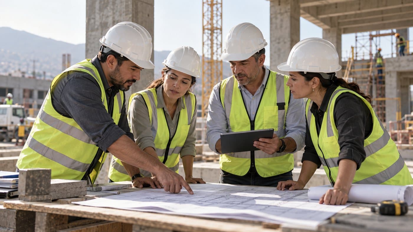 Equipo de ingenieros revisando planos y una tableta en obra