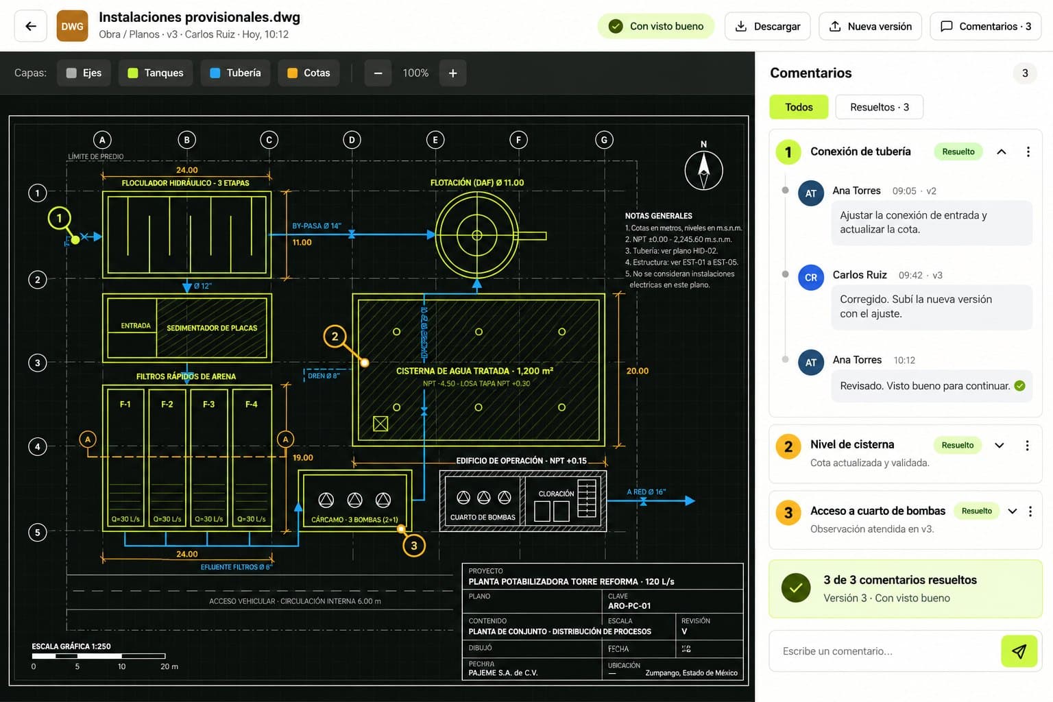 Visor de Nivela mostrando un plano DWG con pines de comentario numerados y el panel de comentarios