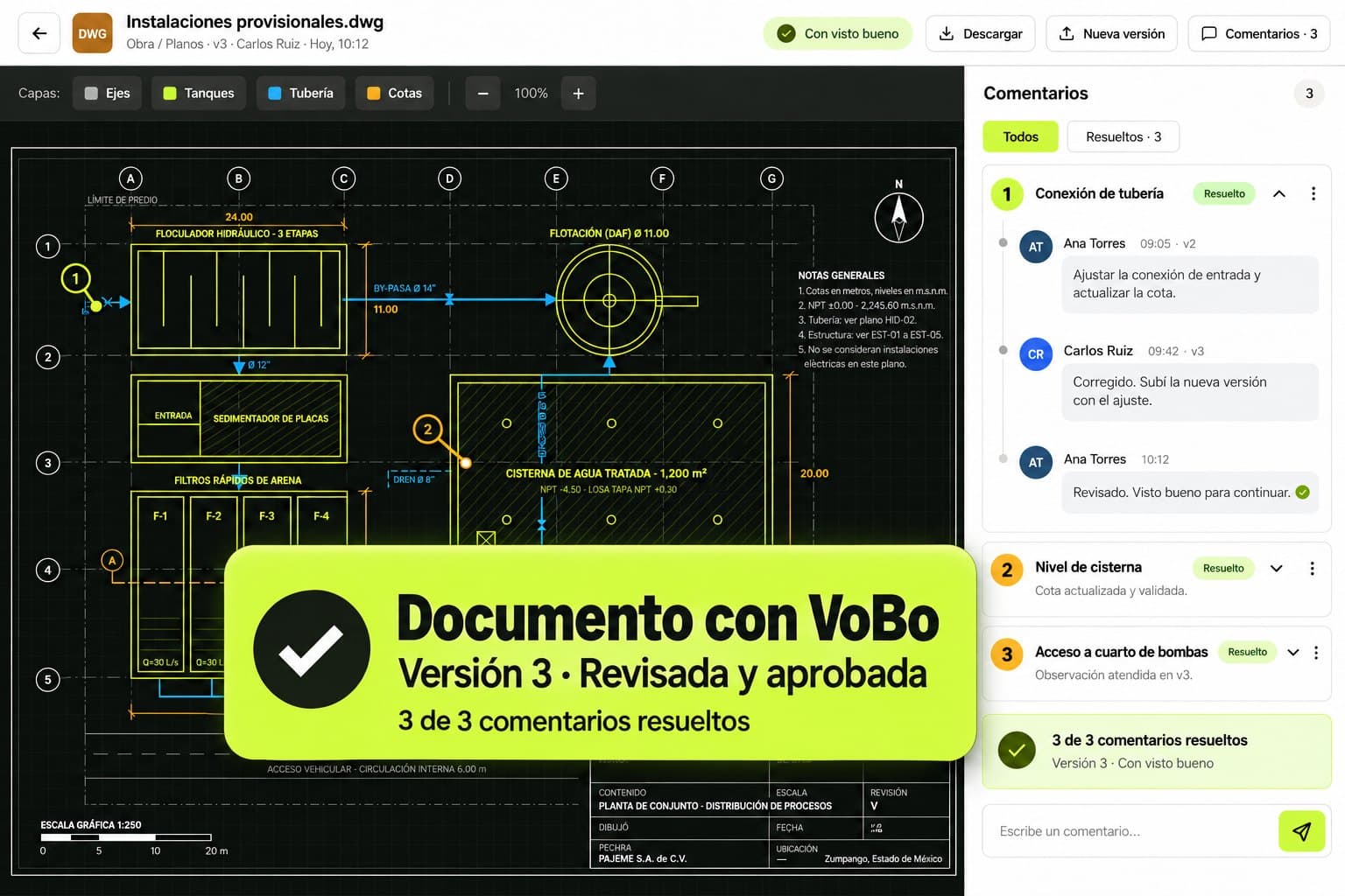 Documento con visto bueno en Nivela: versión 3 revisada y aprobada con 3 de 3 comentarios resueltos